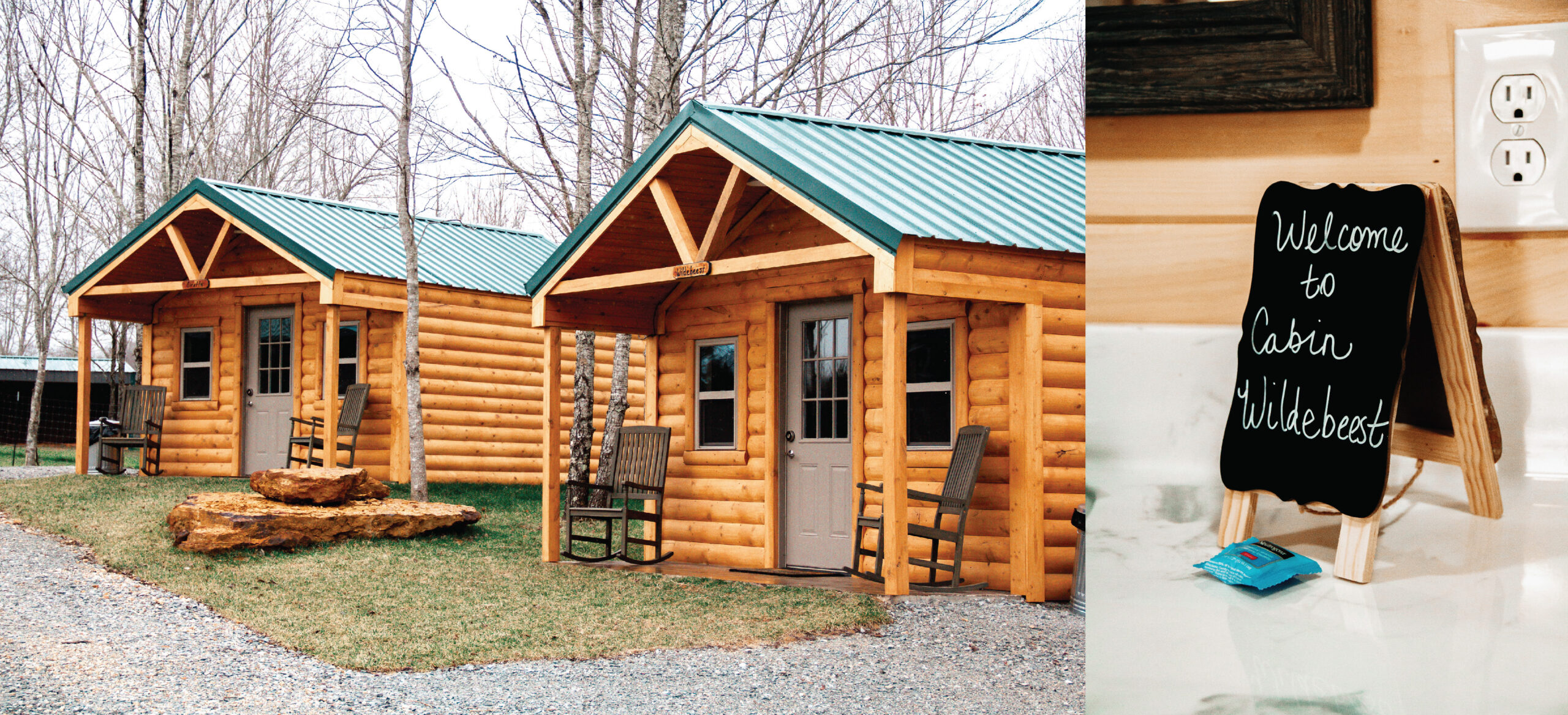 Split shot of cabin exterior and "welcome to cabin wildebeest" sign on inside of cabin