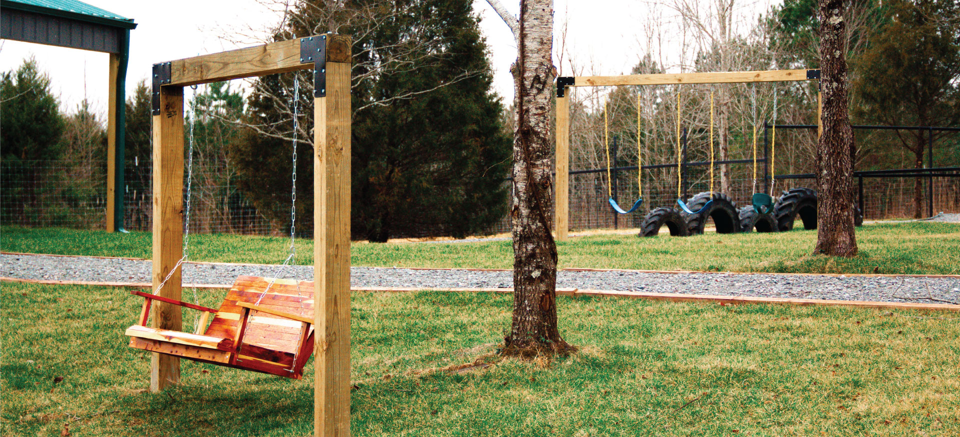 Exterior view of swingset and chair