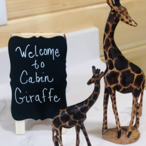 Giraffe Cabin sign and mini giraffes